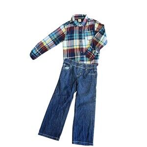 Boys 4T Plaid Flannel Button Shirt and Jeans Outfit 100% cotton